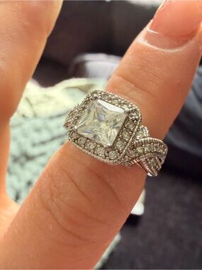 Silver Halo Square-Cut Cubic Zirconia Ring - Women's Jewelry